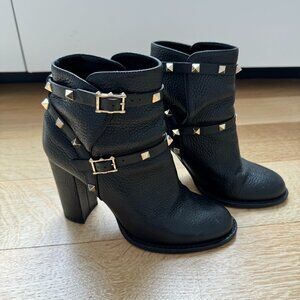 Valentino Black Leather Rockstud Block Heel Ankle Length Boots Size 36.5